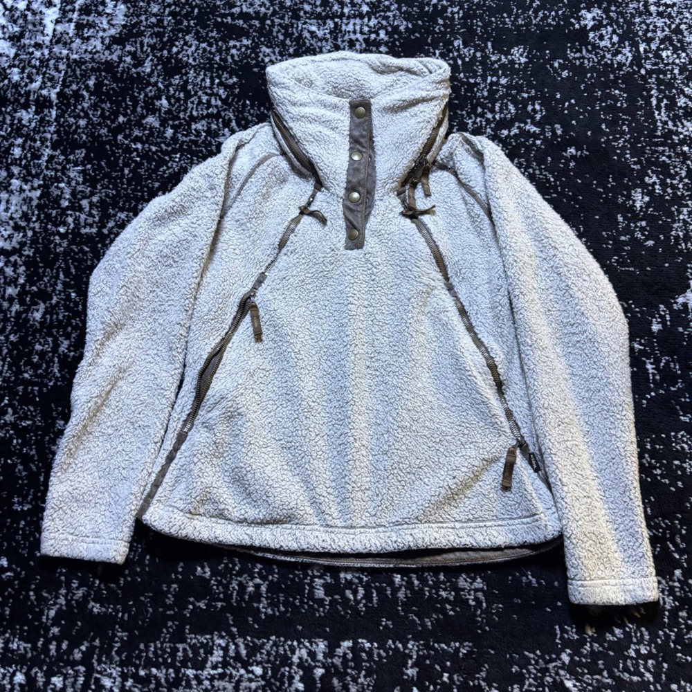 Kuhl Flight Pullover Fleece Jacket Oatmeal Beige Hooded Snap Neck Womens Small